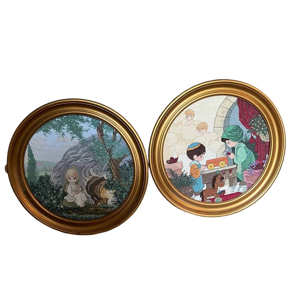 Vintage needlepoint embroidery framed precious moments 15 inch
